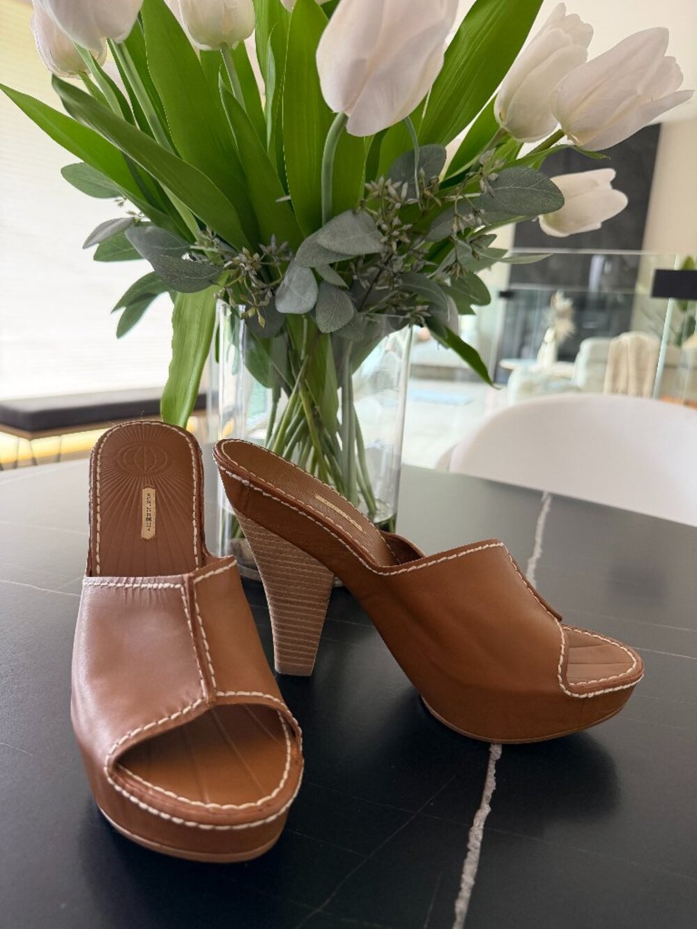 Max Studio Brown Leather Peep Toe Platform Heels Size 9US